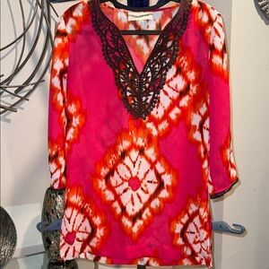 Jones New York Pink and Orange Blouse with Lace Detail